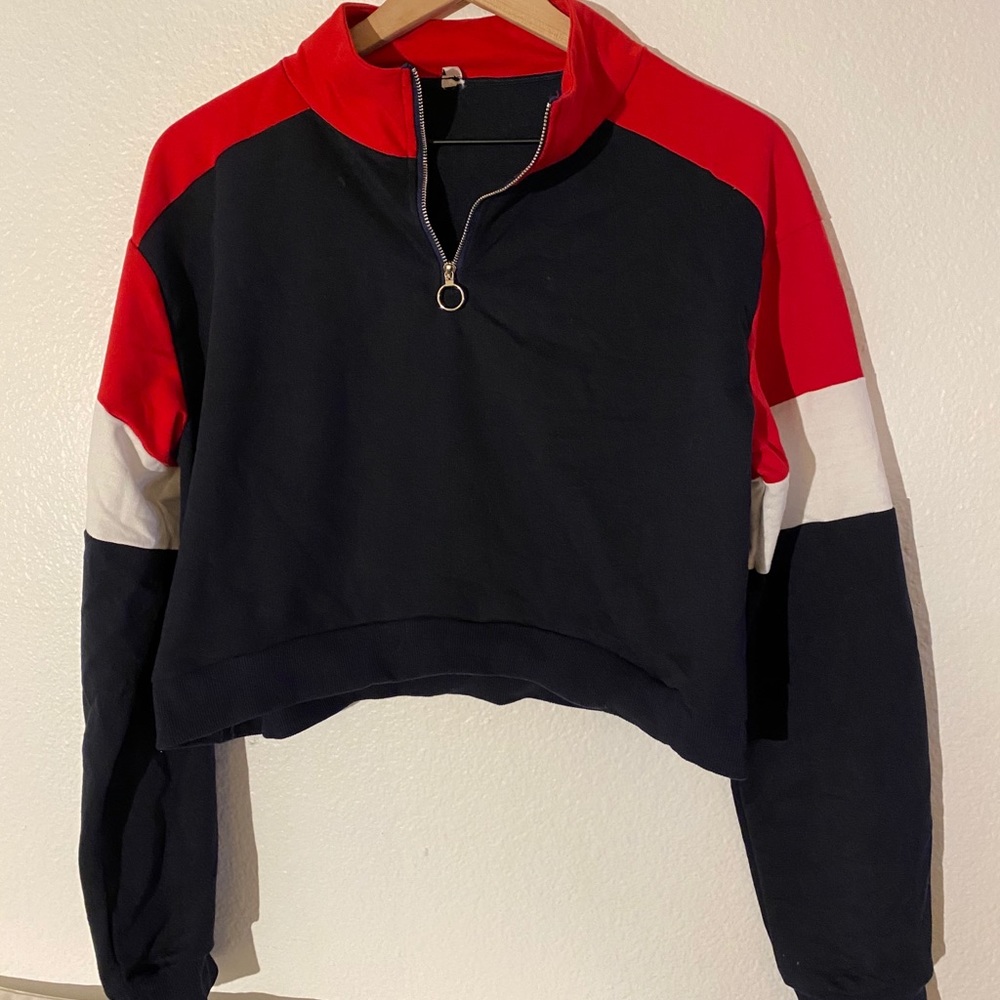 color block quarter zip crop top